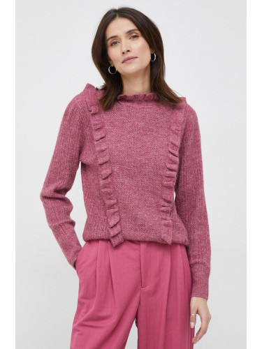 Пуловер с вълна Pepe Jeans Talia дамски в розово от лека материя с ниско поло