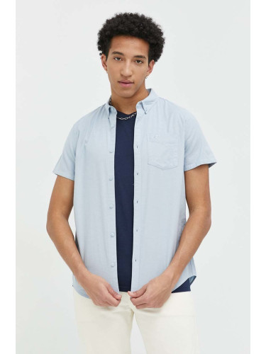 Риза Hollister Co. мъжка в синьо със стандартна кройка с яка с копче
