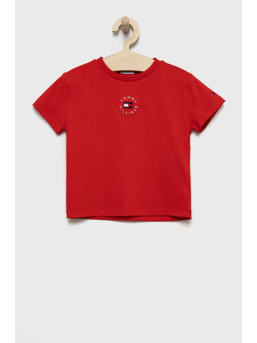 Детска памучна тениска Tommy Hilfiger в червено с изчистен дизайн