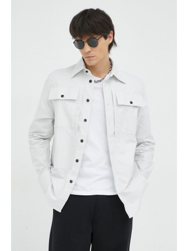 Памучна риза G-Star Raw мъжка в сиво със стандартна кройка с класическа яка