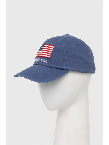 Памучна шапка с козирка Polo Ralph Lauren в синьо с апликация