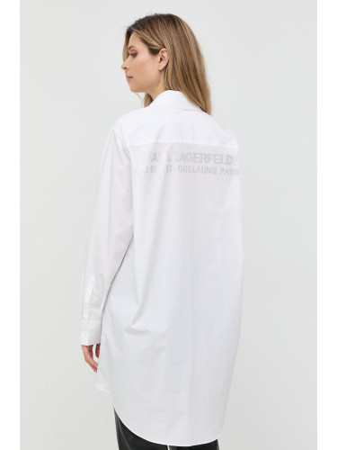 Памучна риза Karl Lagerfeld дамска в бяло със свободна кройка с класическа яка