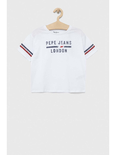 Детска памучна тениска Pepe Jeans в бяло с принт