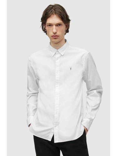 Риза AllSaints мъжка в бяло със стандартна кройка с класическа яка