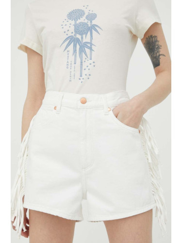 Дънкови къси панталони Wrangler Fringed Festival в бяло с изчистен дизайн с висока талия