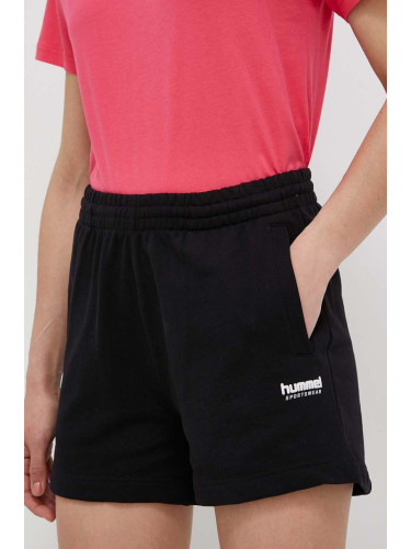 Памучен къс панталон Hummel hmlLGC SHAI SHORTS в черно с изчистен дизайн със стандартна талия