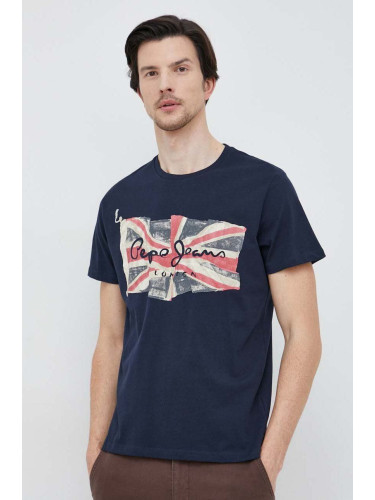 Памучна тениска Pepe Jeans Flag Logo в тъмносиньо с принт