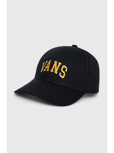 Памучна шапка с козирка Vans в черно с принт
