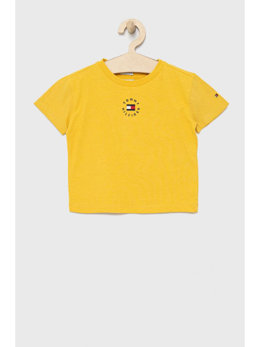 Детска памучна тениска Tommy Hilfiger в жълто с изчистен дизайн