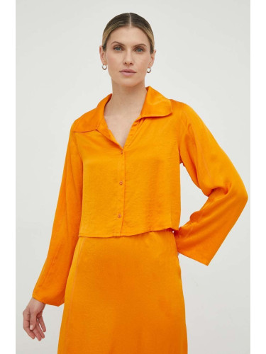 Риза American Vintage дамска в оранжево със стандартна кройка с класическа яка