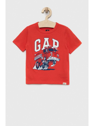 Детска памучна тениска GAP в червено с принт