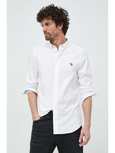 Памучна риза PS Paul Smith мъжка в бяло с кройка по тялото с яка с копче
