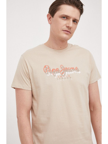 Памучна тениска Pepe Jeans Richme в бежово с принт