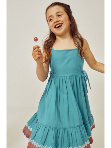 Детска рокля с лен zippy в синьо среднодълъг модел разкроен модел
