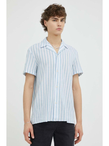 Риза с лен Drykorn в синьо със стандартна кройка
