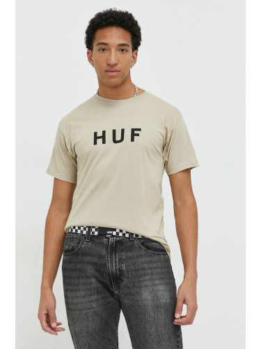 Памучна тениска HUF в бежово с принт