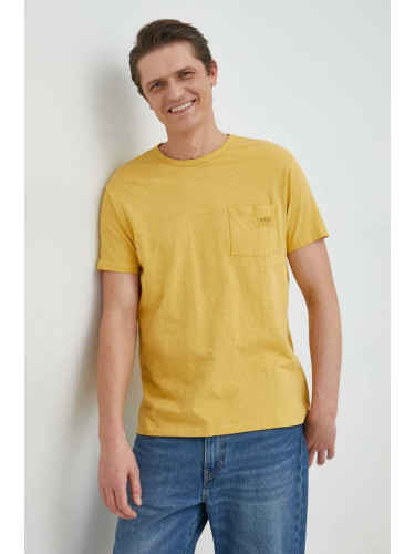 Памучна тениска Guess в бежово с изчистен дизайн