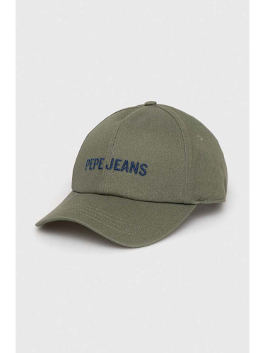 Памучна шапка с козирка Pepe Jeans в зелено с апликация