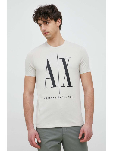 Памучна тениска Armani Exchange в бежово с принт