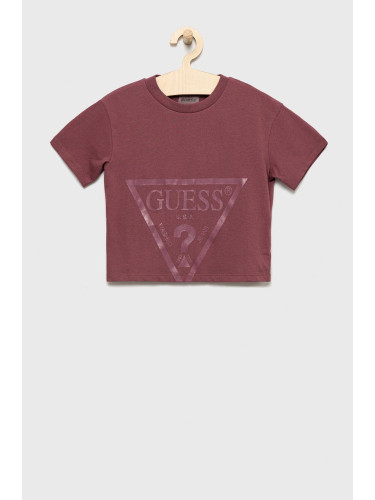 Детска памучна тениска Guess в лилаво