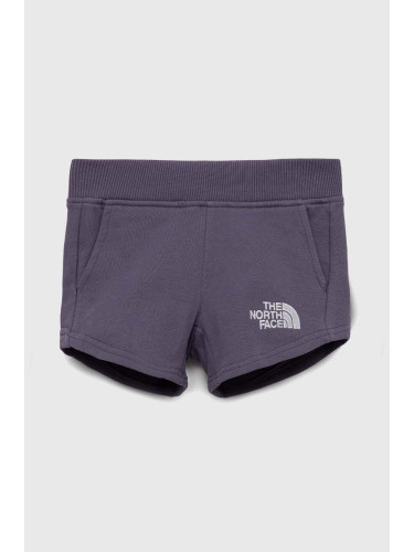 Детски памучен къс панталон The North Face в лилаво с апликация