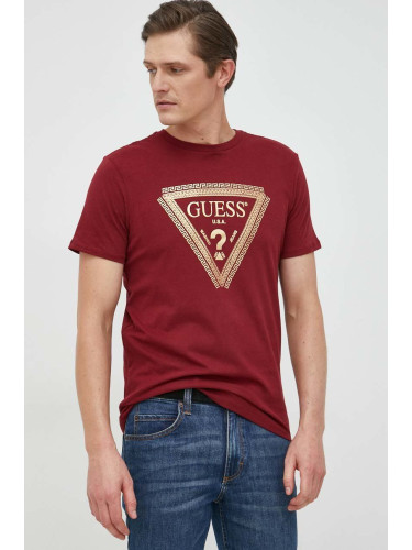 Памучна тениска Guess в червено с принт