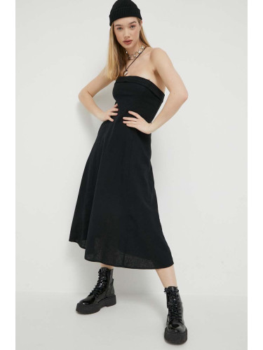 Ленена рокля Abercrombie & Fitch в черно среднодълъг модел разкроен модел
