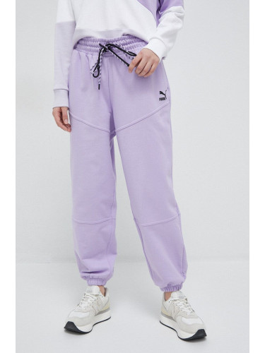 Памучен спортен панталон Puma в лилаво с изчистен дизайн