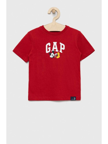 Детска памучна тениска GAP X Disney в червено с принт