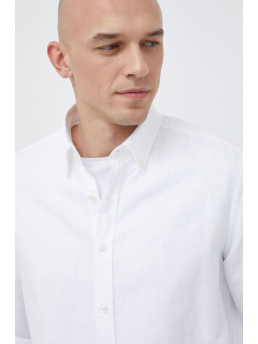 Риза с лен Paul&Shark в бяло със стандартна кройка с яка с копче