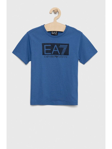 Детска памучна тениска EA7 Emporio Armani в синьо с принт