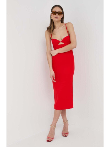 Рокля Bardot в червено среднодълъг модел със стандартна кройка