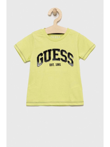 Детска памучна тениска Guess в зелено с десен