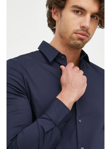 Риза Sisley мъжка в тъмносиньо с кройка по тялото с класическа яка