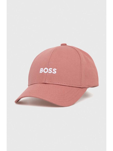 Памучна шапка с козирка BOSS в розово с апликация