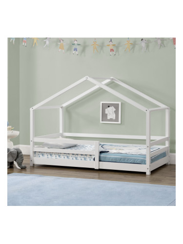 Детско легло - Къщичка от борово дърво, Бяло, 140x70cm
