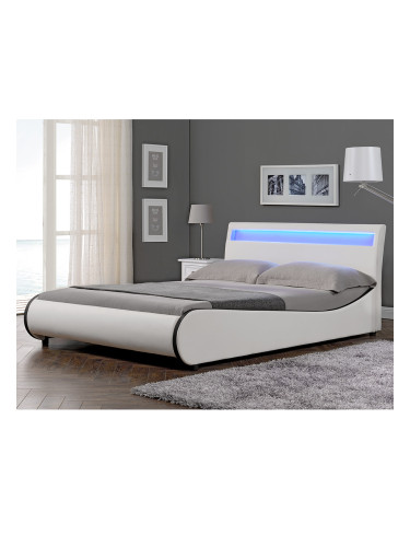 Модерно тапицирано с изкуствена кожа двойно легло Valencia,  200cm x 140cm, Бяло, LED осветление