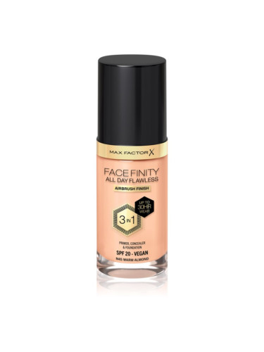 Max Factor Facefinity All Day Flawless дълготраен фон дьо тен SPF 20 цвят 45 Warm Almond 30 мл.