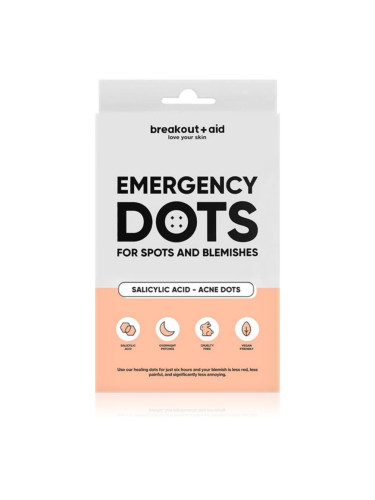 breakout + aid Emergency Dots For Spots and Blemishes локална грижа против акне на лицето, деколтето и гърба със салицилова киселина 72 бр.