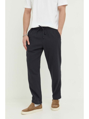 Панталон с лен Abercrombie & Fitch в черно със стандартна кройка