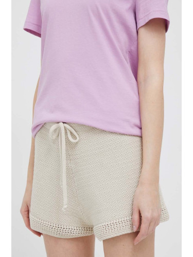 Памучен къс панталон Sisley в бежово с изчистен дизайн с висока талия