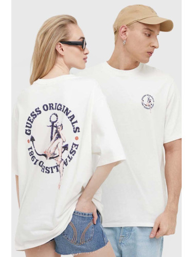 Памучна тениска Guess Originals в бяло с принт