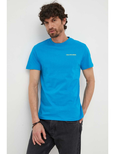 Памучна тениска Trussardi в синьо с принт