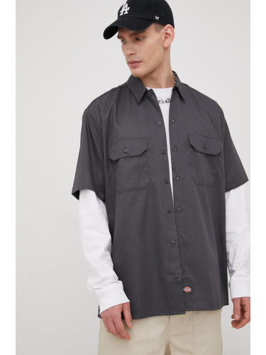 Риза Dickies мъжка в сиво със стандартна кройка с класическа яка