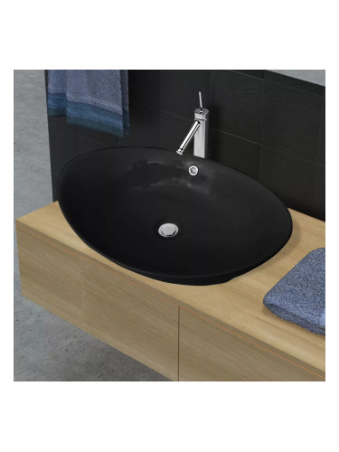 Луксозна керамична мивка с преливник, овална, черна, 59 x 38,5 см