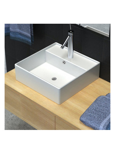 Луксозна керамична мивка с преливник и отвор за смесител, 41 х 41 см