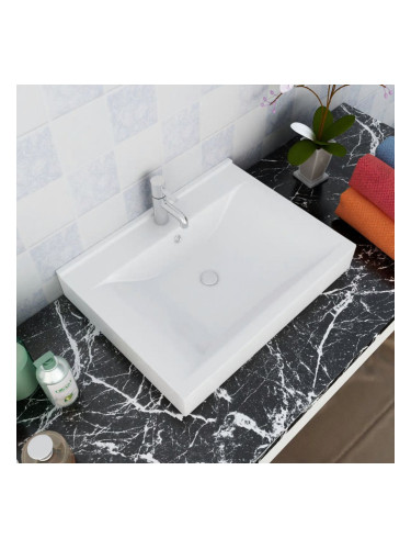 Луксозна керамична мивка с отвор за смесител, бяла, 60 х 46 см