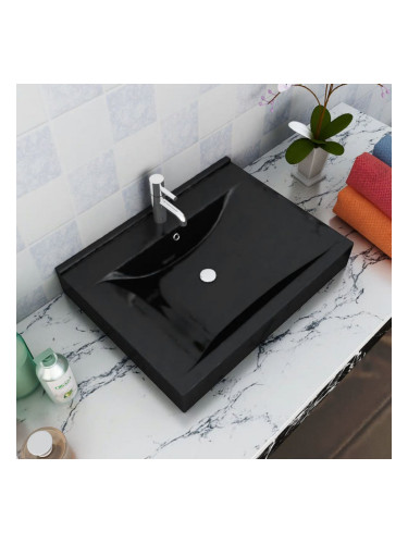 Луксозна керамична мивка с отвор за смесител, черна, 60 х 46 см