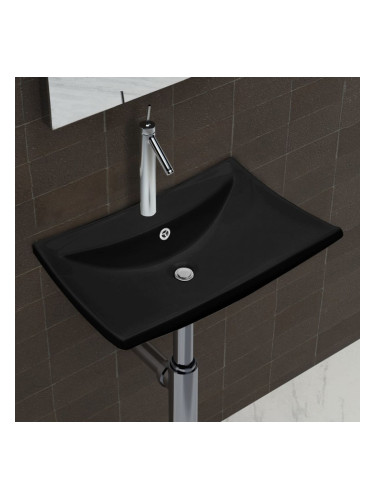 Черна керамична мивка с преливник и отвор за смесител, правоъгълна