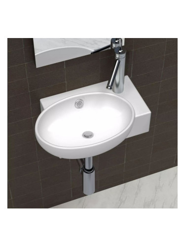 Керамична мивка за баня с преливник и отвор за смесител, бяла